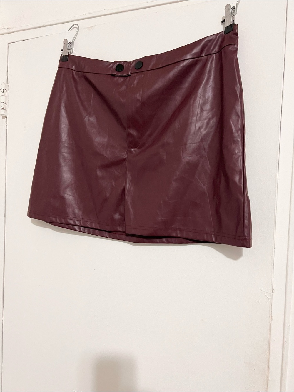 Burgundy Faux Leather Mini Skirt High Waist Vegan Leather Trendy Y2K - Picture 2 of 4